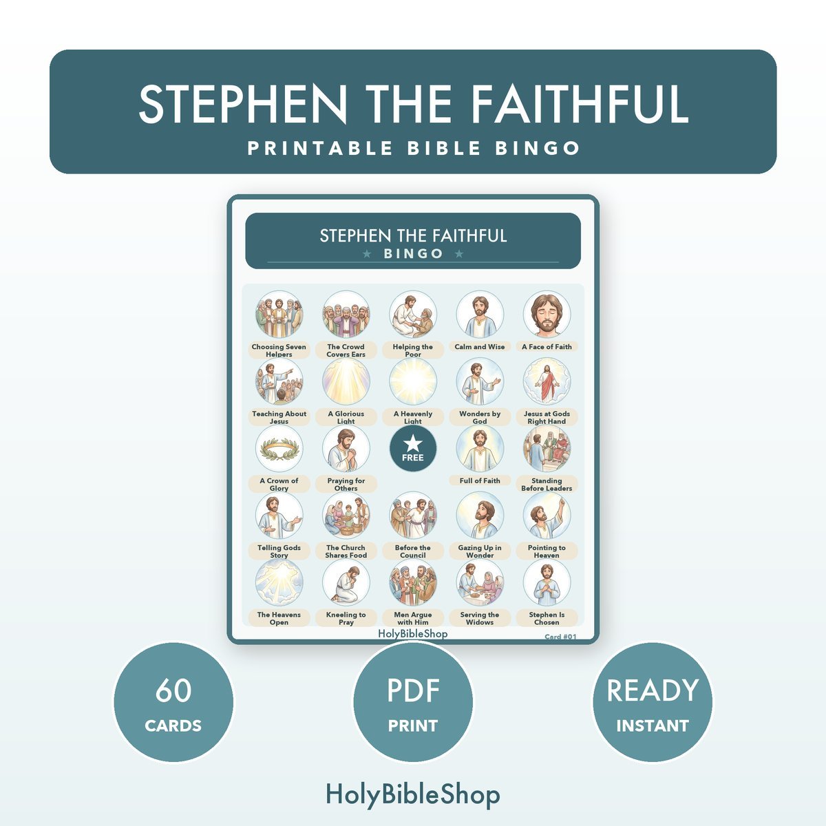Stephen The Faithful Bingo | Printable Bible Bingo Game for Kids | 60 Cards Sunday School VBS Christian Watercolor PDF