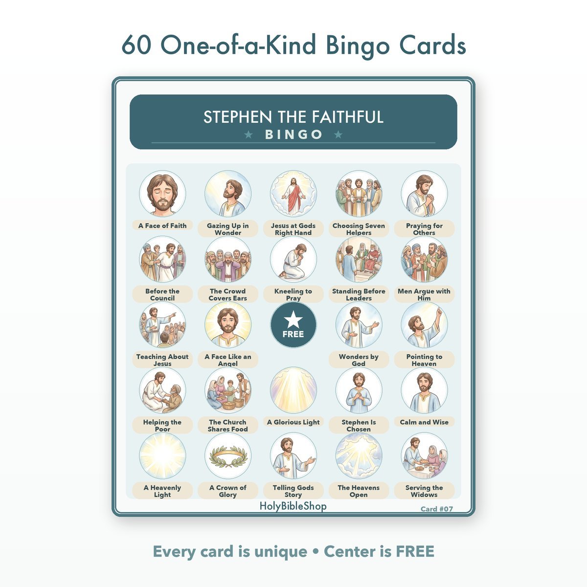 Stephen The Faithful Bingo | Printable Bible Bingo Game for Kids | 60 Cards Sunday School VBS Christian Watercolor PDF — image 2