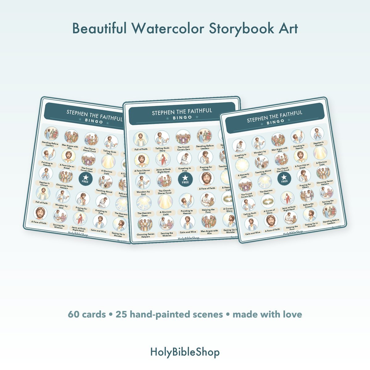 Stephen The Faithful Bingo | Printable Bible Bingo Game for Kids | 60 Cards Sunday School VBS Christian Watercolor PDF — image 7