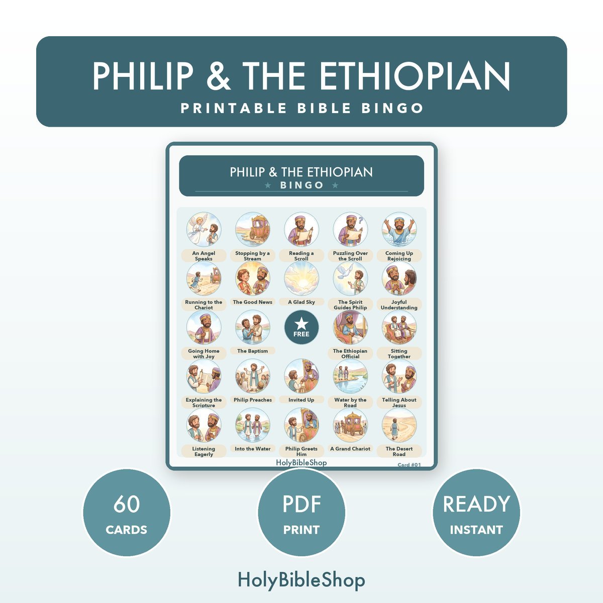 Philip & The Ethiopian Bingo | Printable Bible Bingo Game for Kids | 60 Cards Sunday School VBS Christian Watercolor PDF