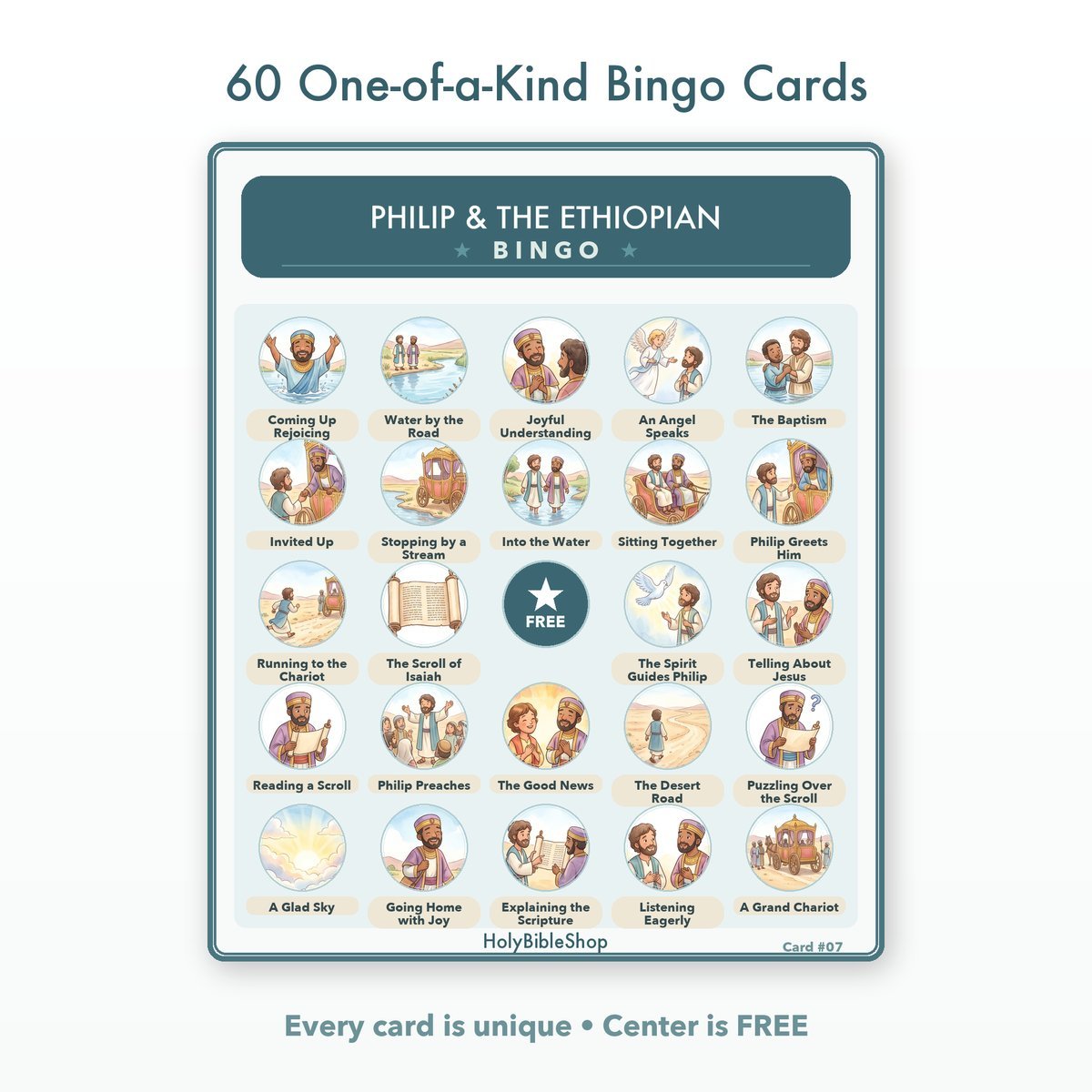 Philip & The Ethiopian Bingo | Printable Bible Bingo Game for Kids | 60 Cards Sunday School VBS Christian Watercolor PDF — image 2