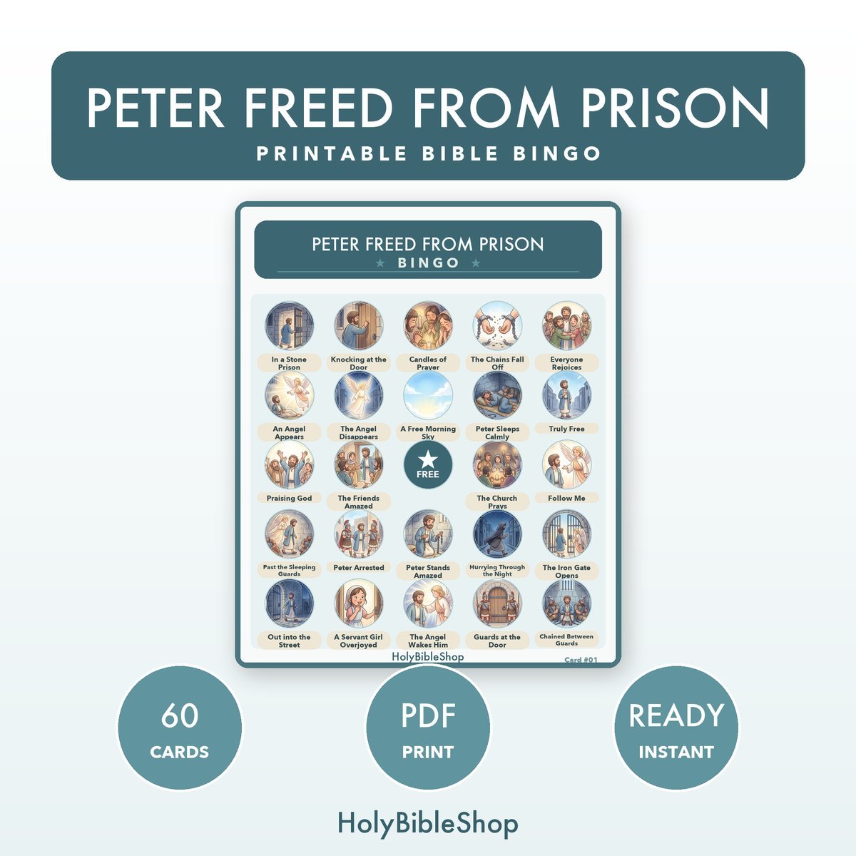 Peter Freed From Prison Bingo | Printable Bible Bingo Game for Kids | 60 Cards Sunday School VBS Christian Watercolor PDF