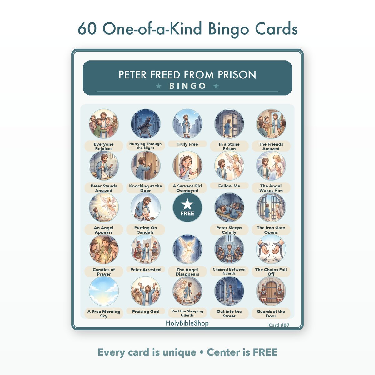 Peter Freed From Prison Bingo | Printable Bible Bingo Game for Kids | 60 Cards Sunday School VBS Christian Watercolor PDF — image 2