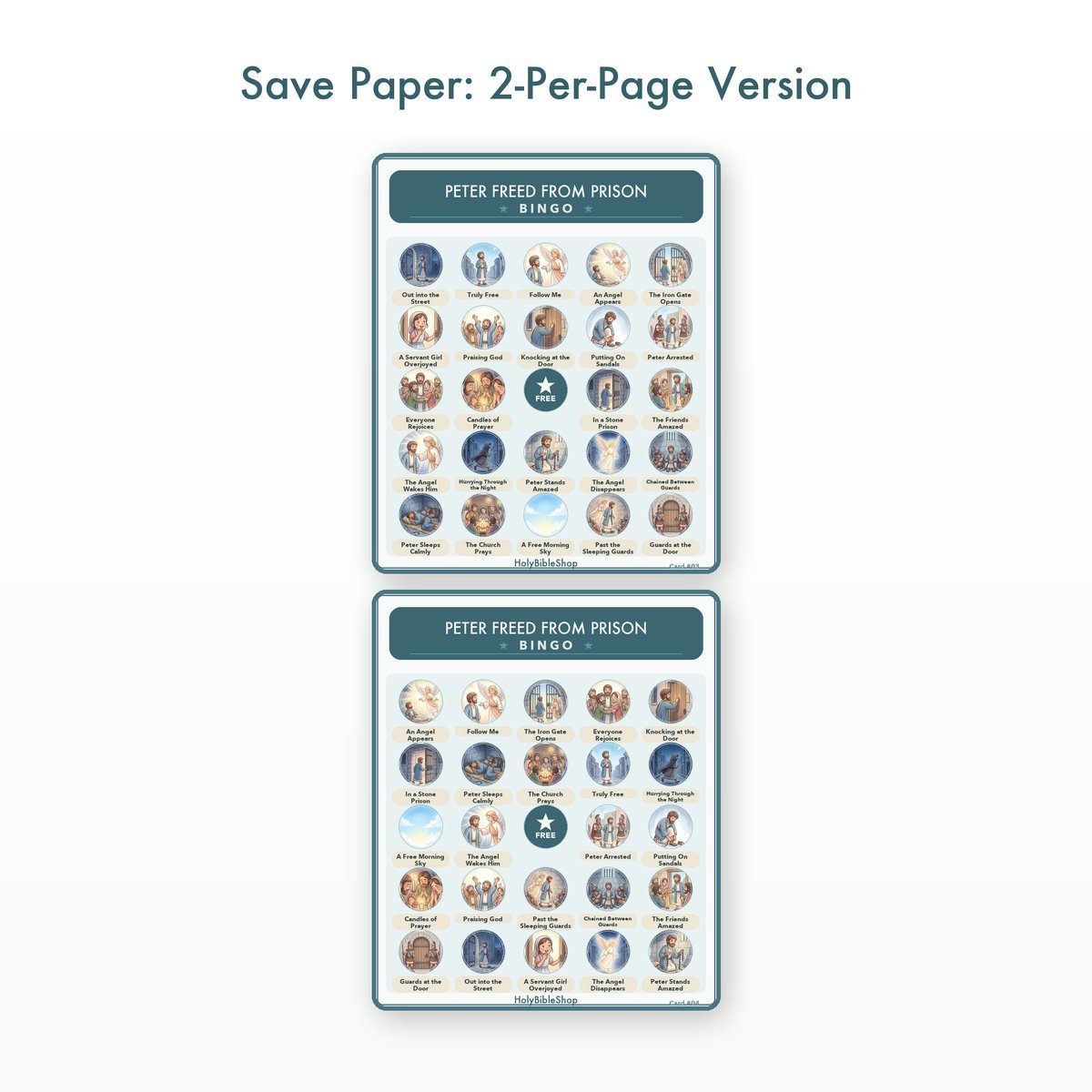 Peter Freed From Prison Bingo | Printable Bible Bingo Game for Kids | 60 Cards Sunday School VBS Christian Watercolor PDF — image 6