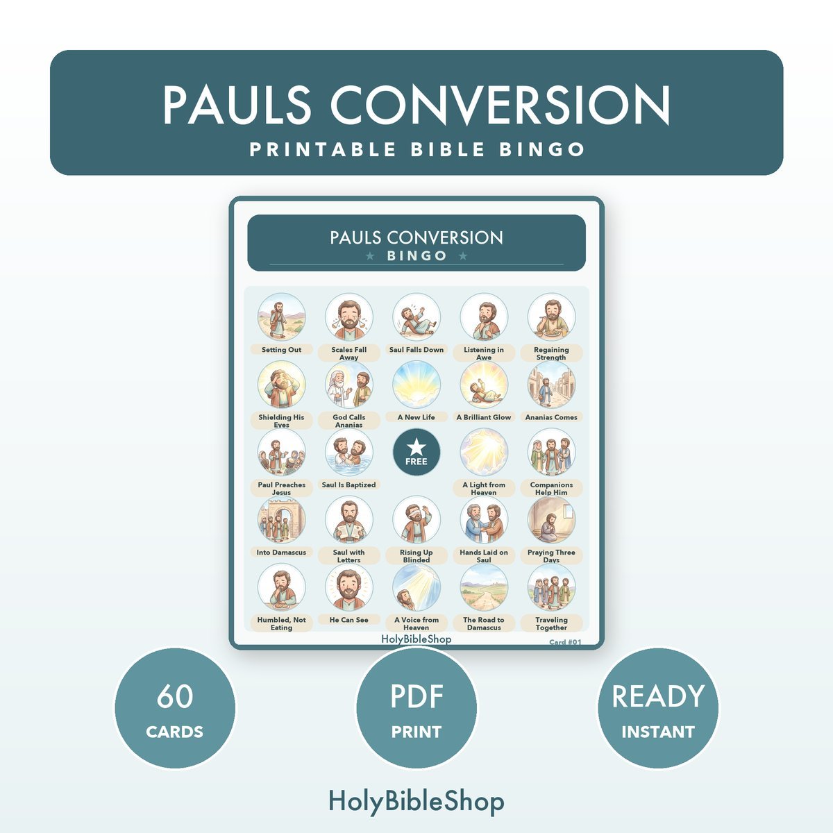 Pauls Conversion Bingo | Printable Bible Bingo Game for Kids | 60 Cards Sunday School VBS Christian Watercolor PDF