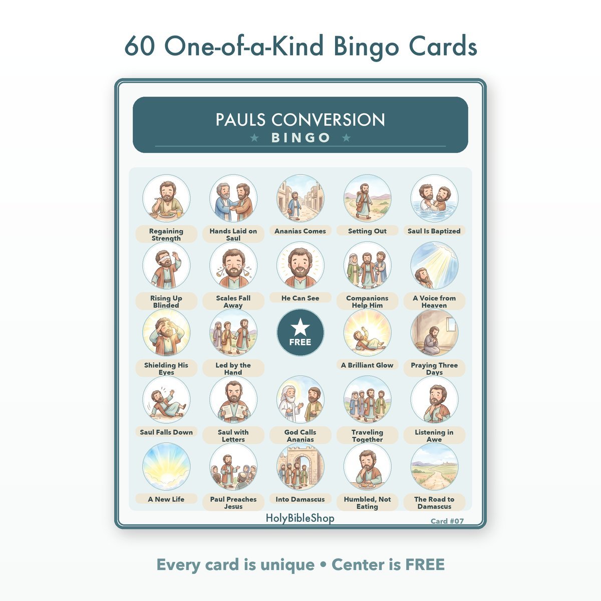 Pauls Conversion Bingo | Printable Bible Bingo Game for Kids | 60 Cards Sunday School VBS Christian Watercolor PDF — image 2