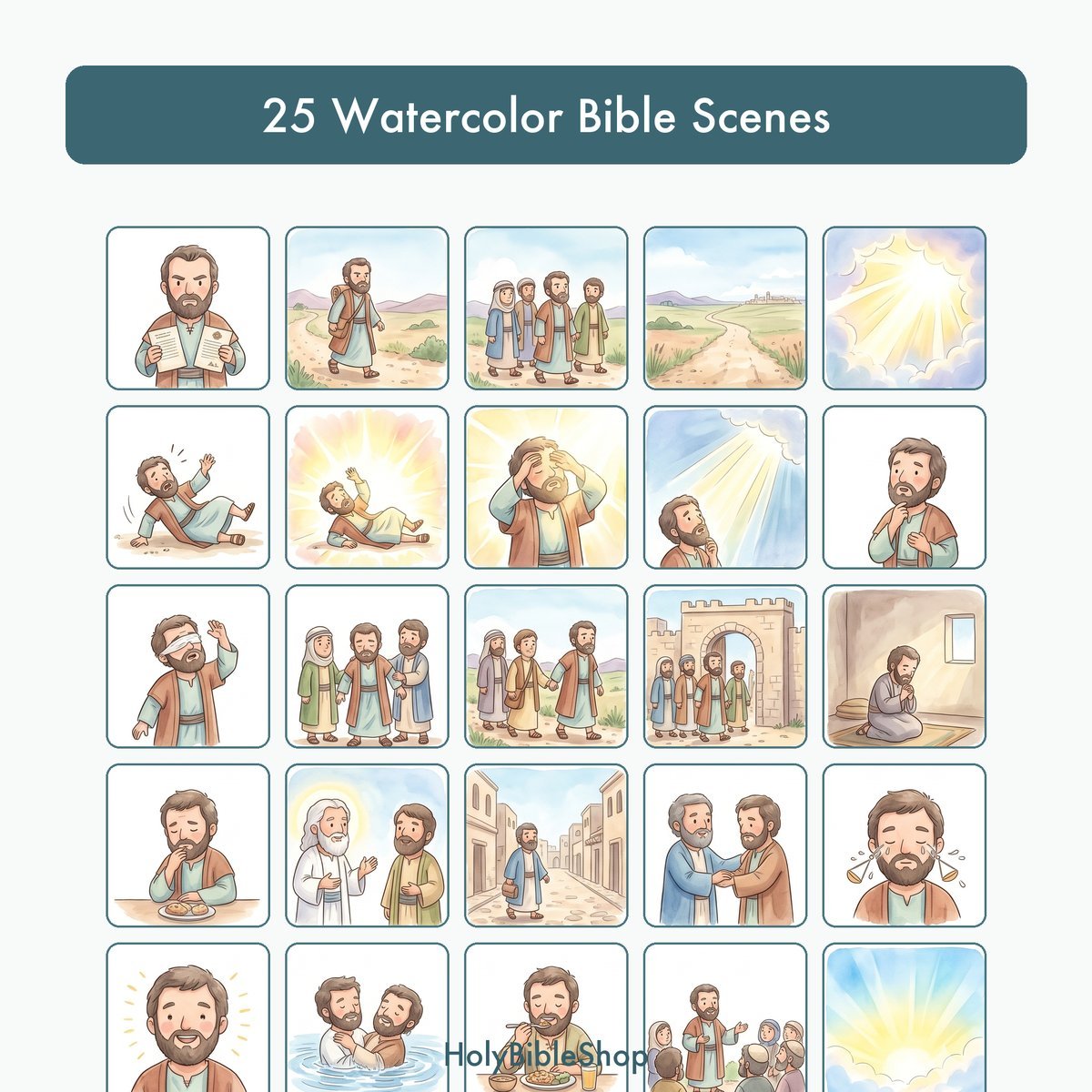 Pauls Conversion Bingo | Printable Bible Bingo Game for Kids | 60 Cards Sunday School VBS Christian Watercolor PDF — image 3