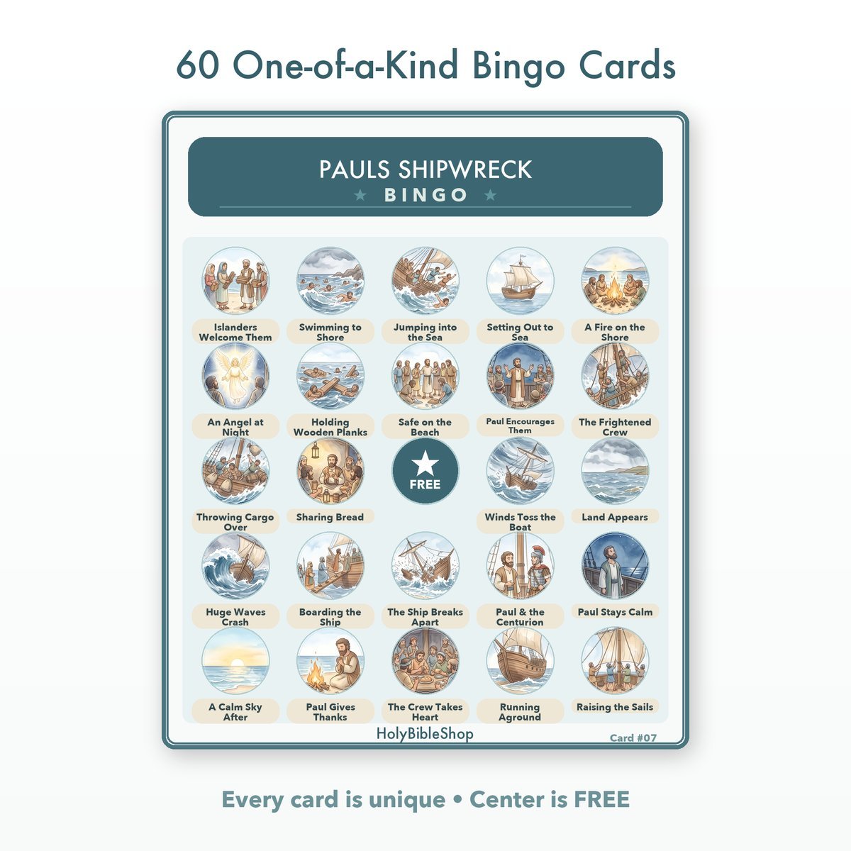 Pauls Shipwreck Bingo | Printable Bible Bingo Game for Kids | 60 Cards Sunday School VBS Christian Watercolor PDF — image 2