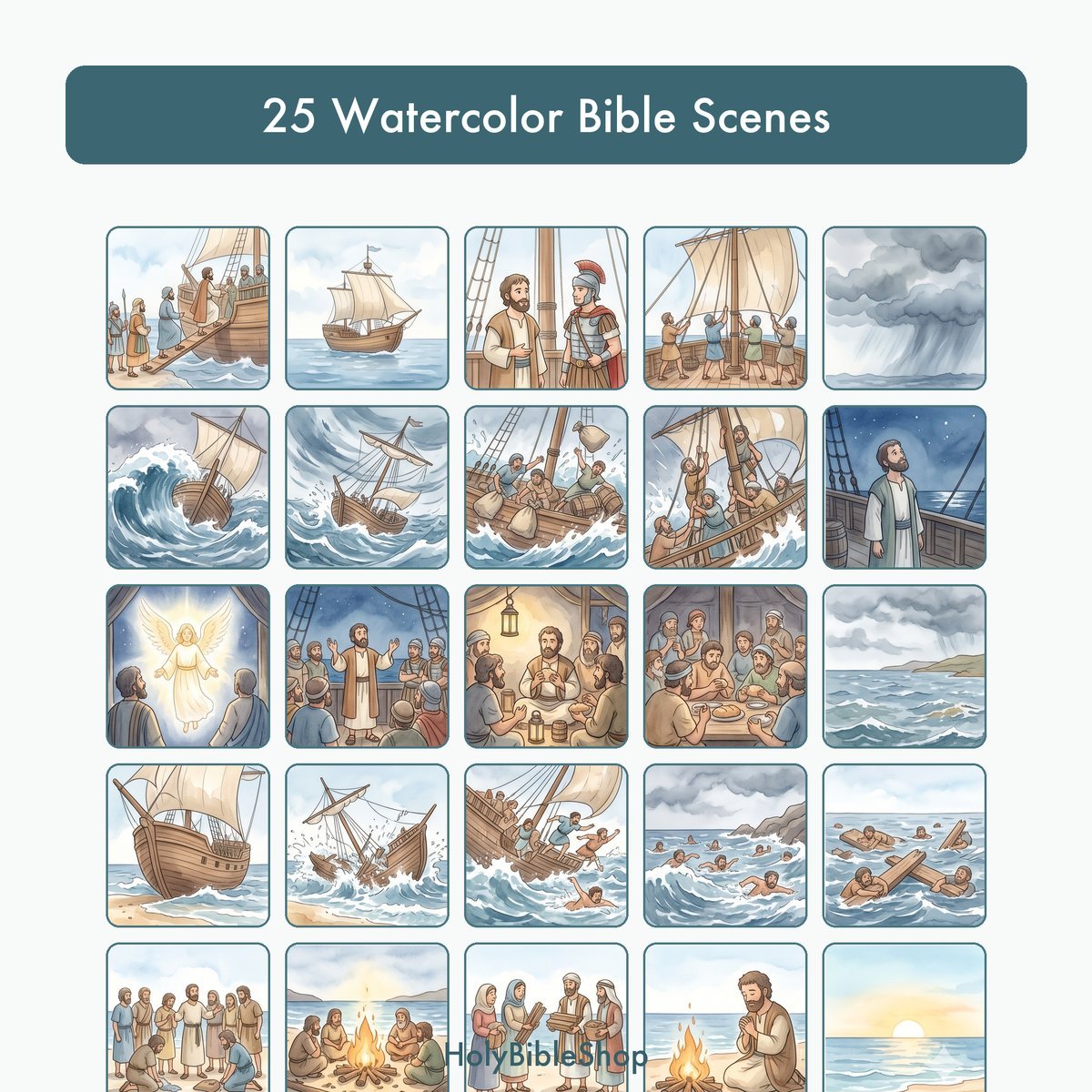 Pauls Shipwreck Bingo | Printable Bible Bingo Game for Kids | 60 Cards Sunday School VBS Christian Watercolor PDF — image 3