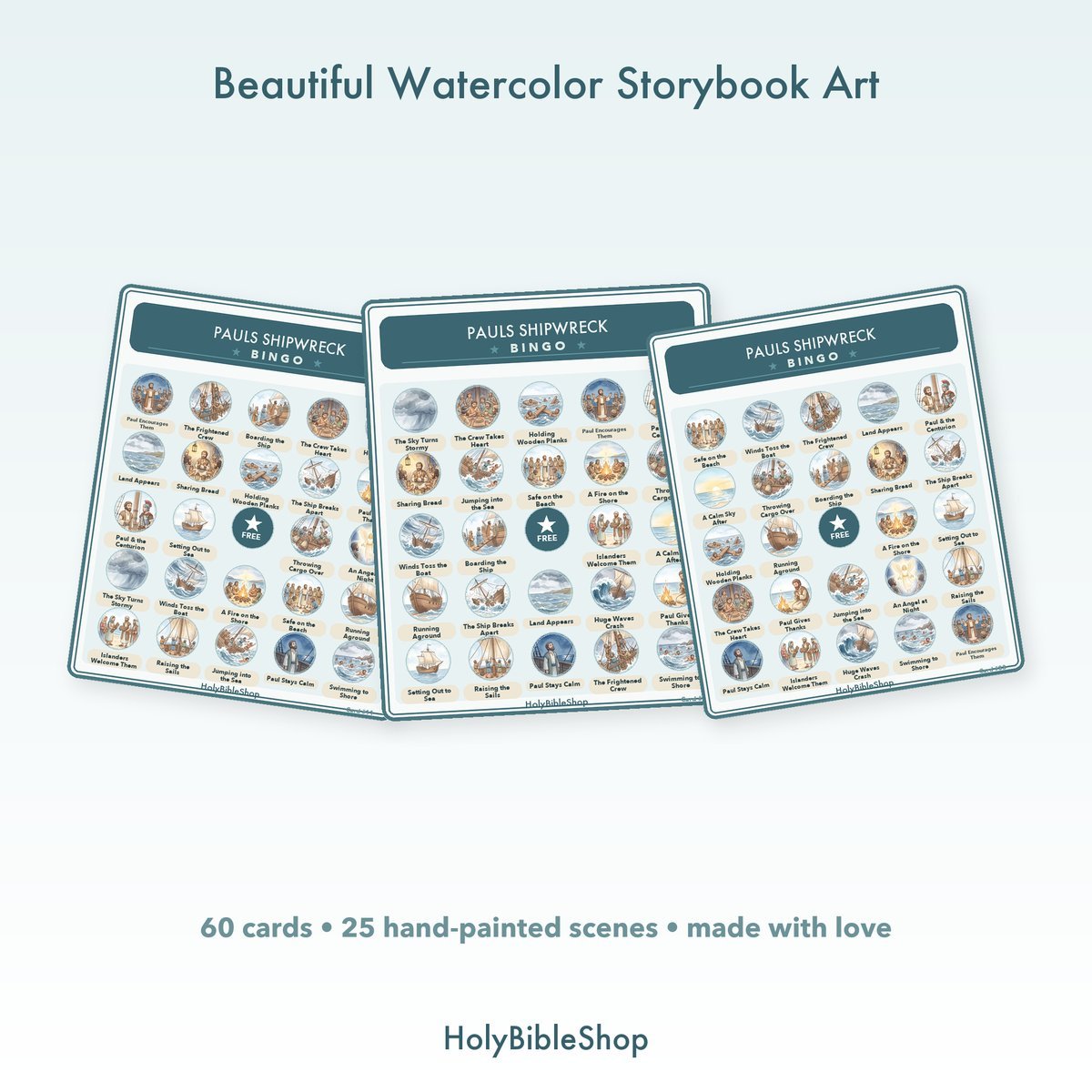 Pauls Shipwreck Bingo | Printable Bible Bingo Game for Kids | 60 Cards Sunday School VBS Christian Watercolor PDF — image 7