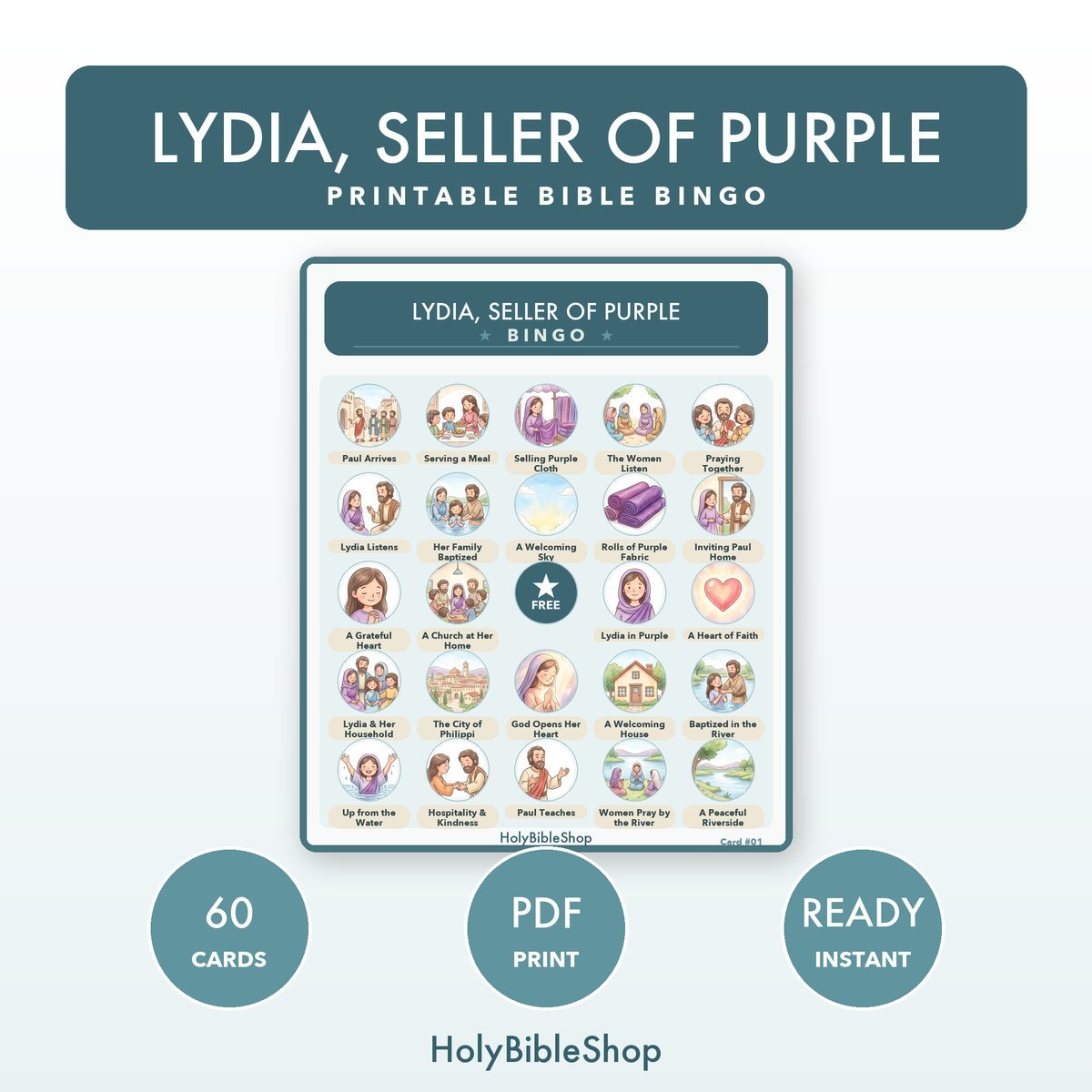 Lydia, Seller Of Purple Bingo | Printable Bible Bingo Game for Kids | 60 Cards Sunday School VBS Christian Watercolor PDF