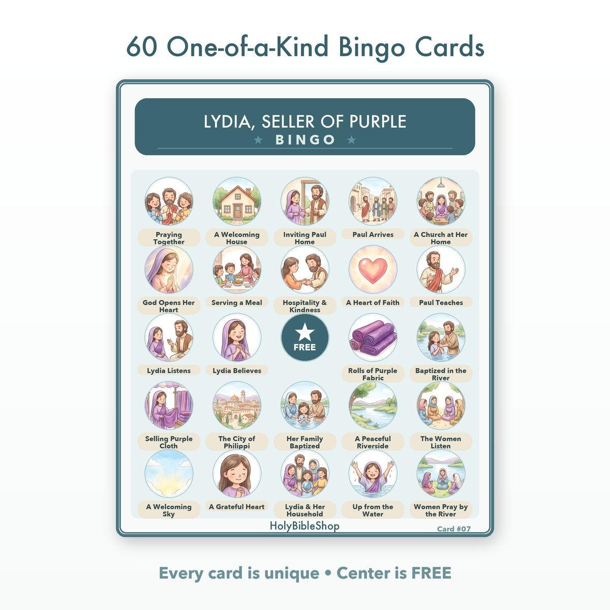 Lydia, Seller Of Purple Bingo | Printable Bible Bingo Game for Kids | 60 Cards Sunday School VBS Christian Watercolor PDF — image 2