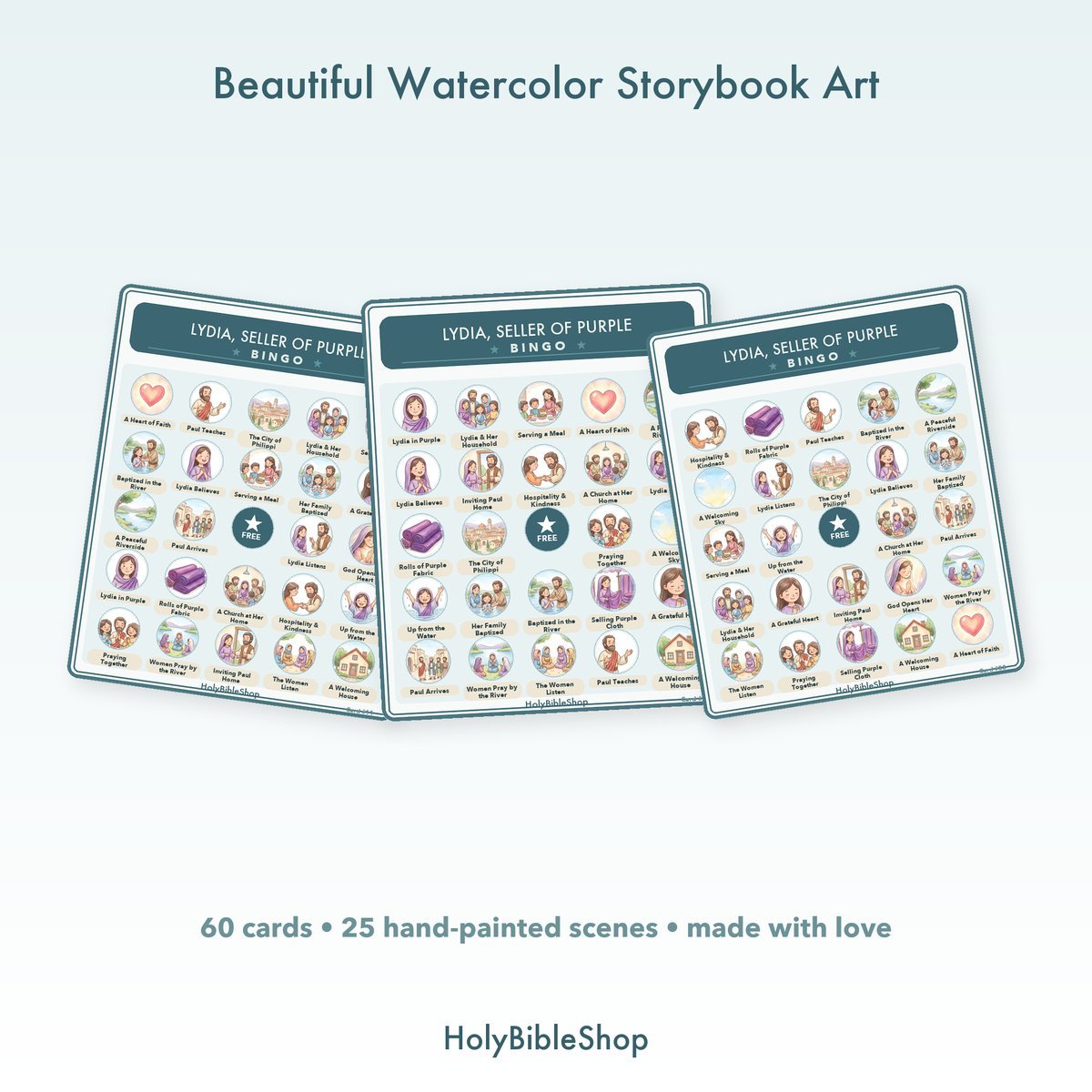 Lydia, Seller Of Purple Bingo | Printable Bible Bingo Game for Kids | 60 Cards Sunday School VBS Christian Watercolor PDF — image 7