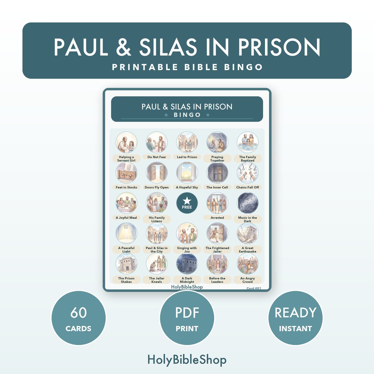 Paul & Silas In Prison Bingo | Printable Bible Bingo Game for Kids | 60 Cards Sunday School VBS Christian Watercolor PDF