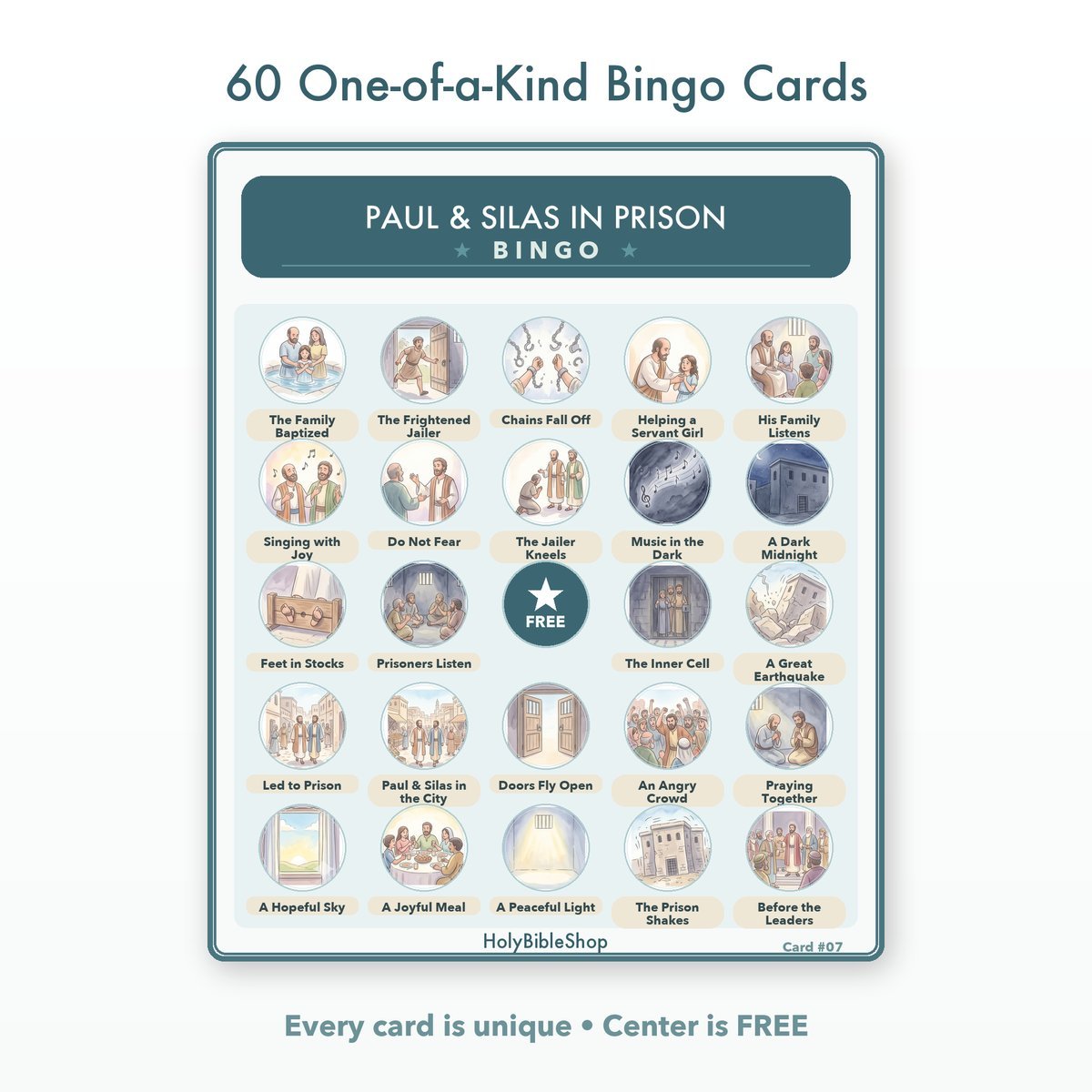 Paul & Silas In Prison Bingo | Printable Bible Bingo Game for Kids | 60 Cards Sunday School VBS Christian Watercolor PDF — image 2