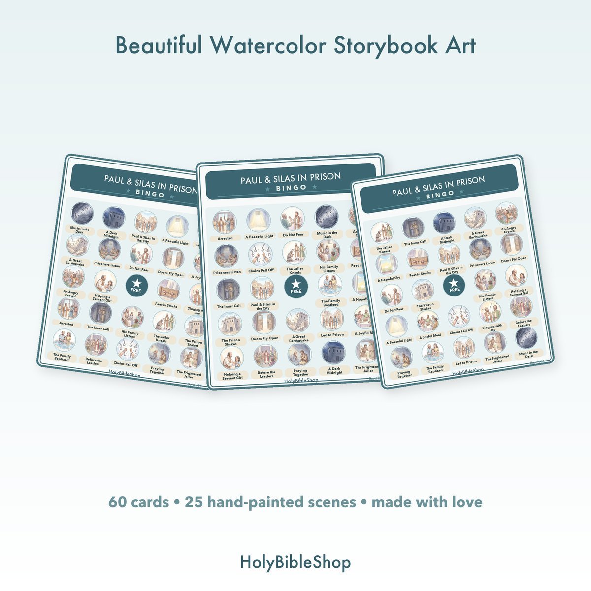 Paul & Silas In Prison Bingo | Printable Bible Bingo Game for Kids | 60 Cards Sunday School VBS Christian Watercolor PDF — image 7