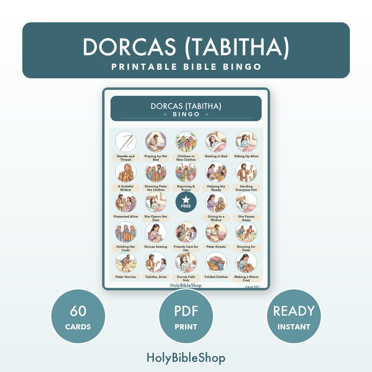 Dorcas (tabitha) Bingo | Printable Bible Bingo Game for Kids | 60 Cards Sunday School VBS Christian Watercolor PDF