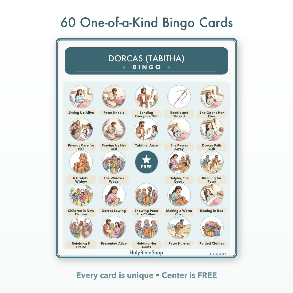 Dorcas (tabitha) Bingo | Printable Bible Bingo Game for Kids | 60 Cards Sunday School VBS Christian Watercolor PDF — image 2