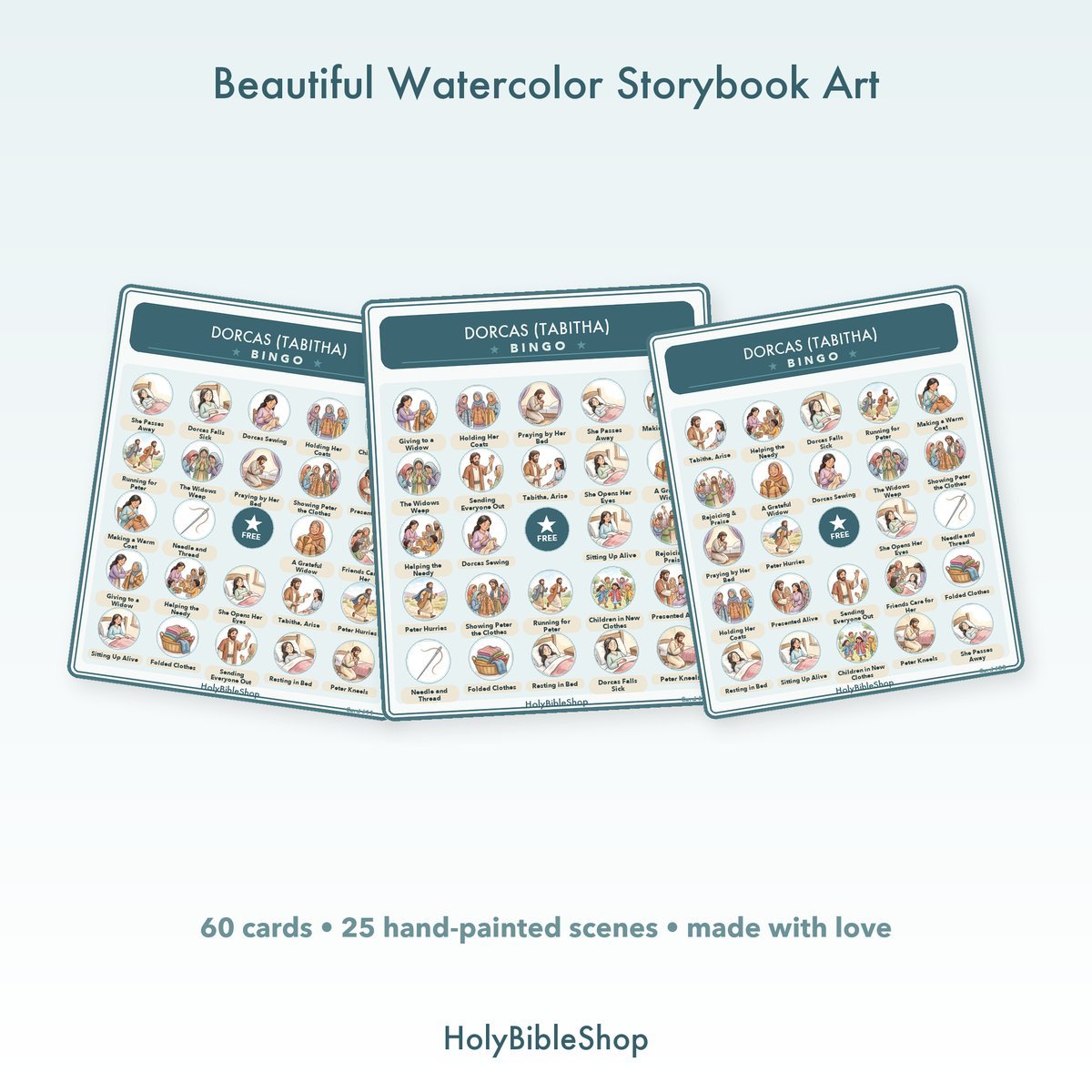 Dorcas (tabitha) Bingo | Printable Bible Bingo Game for Kids | 60 Cards Sunday School VBS Christian Watercolor PDF — image 7