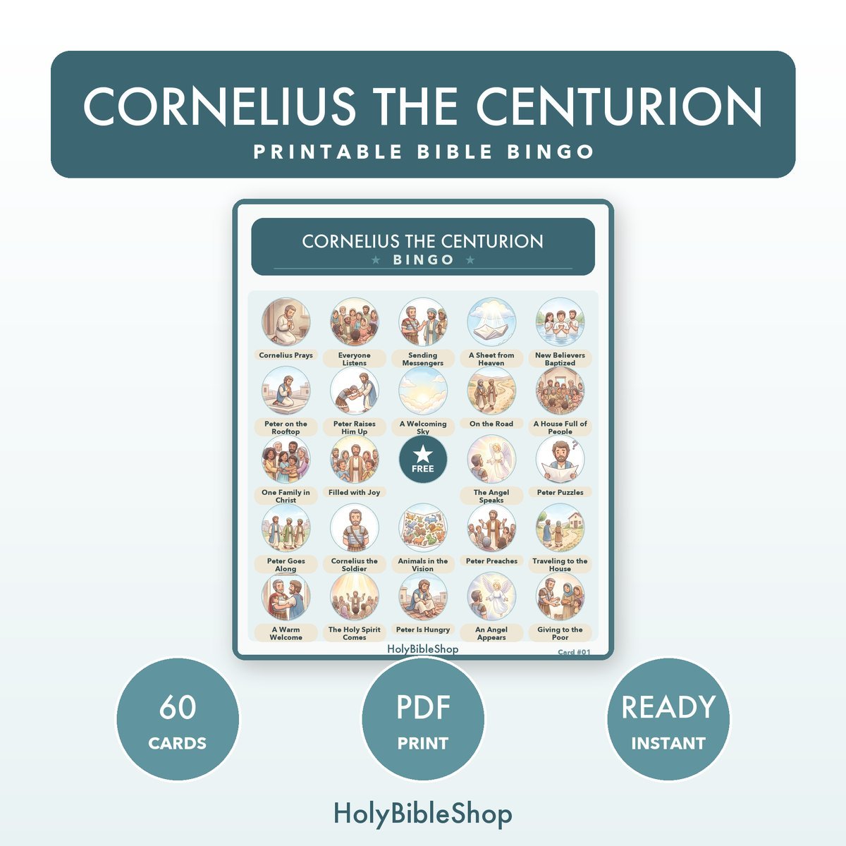 Cornelius The Centurion Bingo | Printable Bible Bingo Game for Kids | 60 Cards Sunday School VBS Christian Watercolor PDF