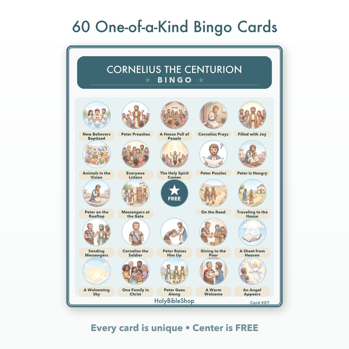 Cornelius The Centurion Bingo | Printable Bible Bingo Game for Kids | 60 Cards Sunday School VBS Christian Watercolor PDF — image 2