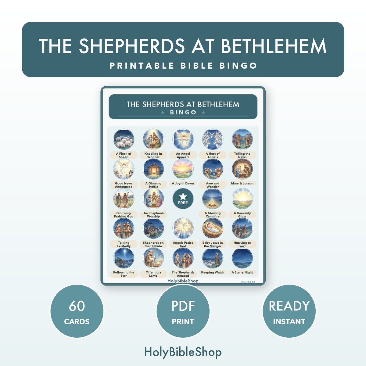 The Shepherds At Bethlehem Bingo | Printable Bible Bingo Game for Kids | 60 Cards Sunday School VBS Christian Watercolor PDF