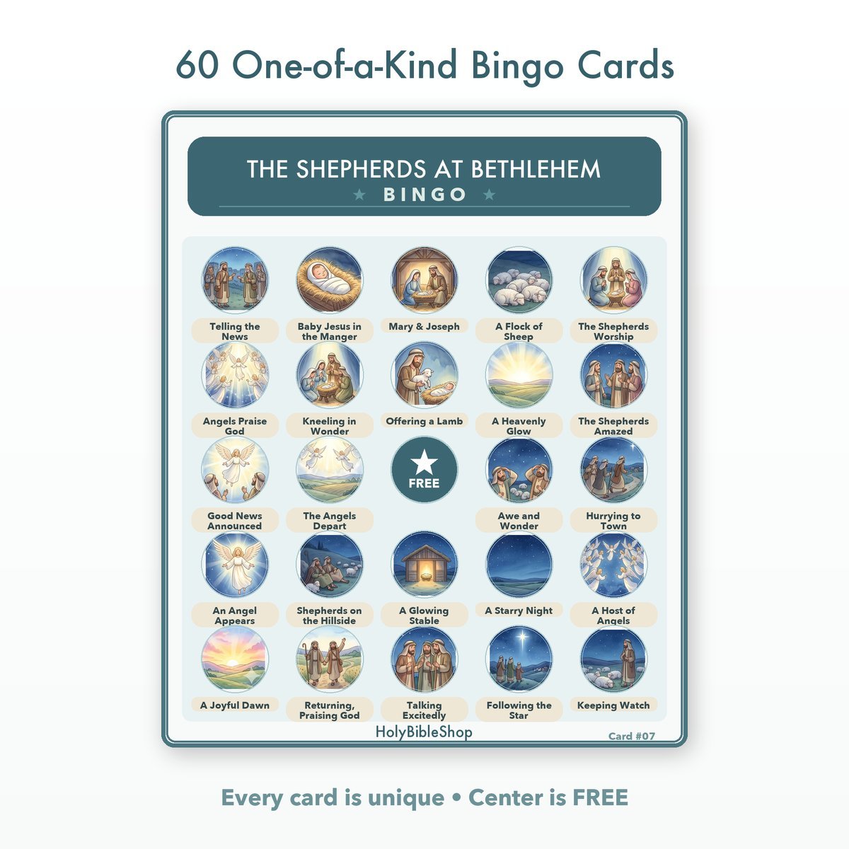 The Shepherds At Bethlehem Bingo | Printable Bible Bingo Game for Kids | 60 Cards Sunday School VBS Christian Watercolor PDF — image 2