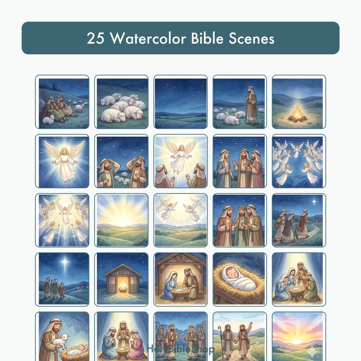 The Shepherds At Bethlehem Bingo | Printable Bible Bingo Game for Kids | 60 Cards Sunday School VBS Christian Watercolor PDF — image 3