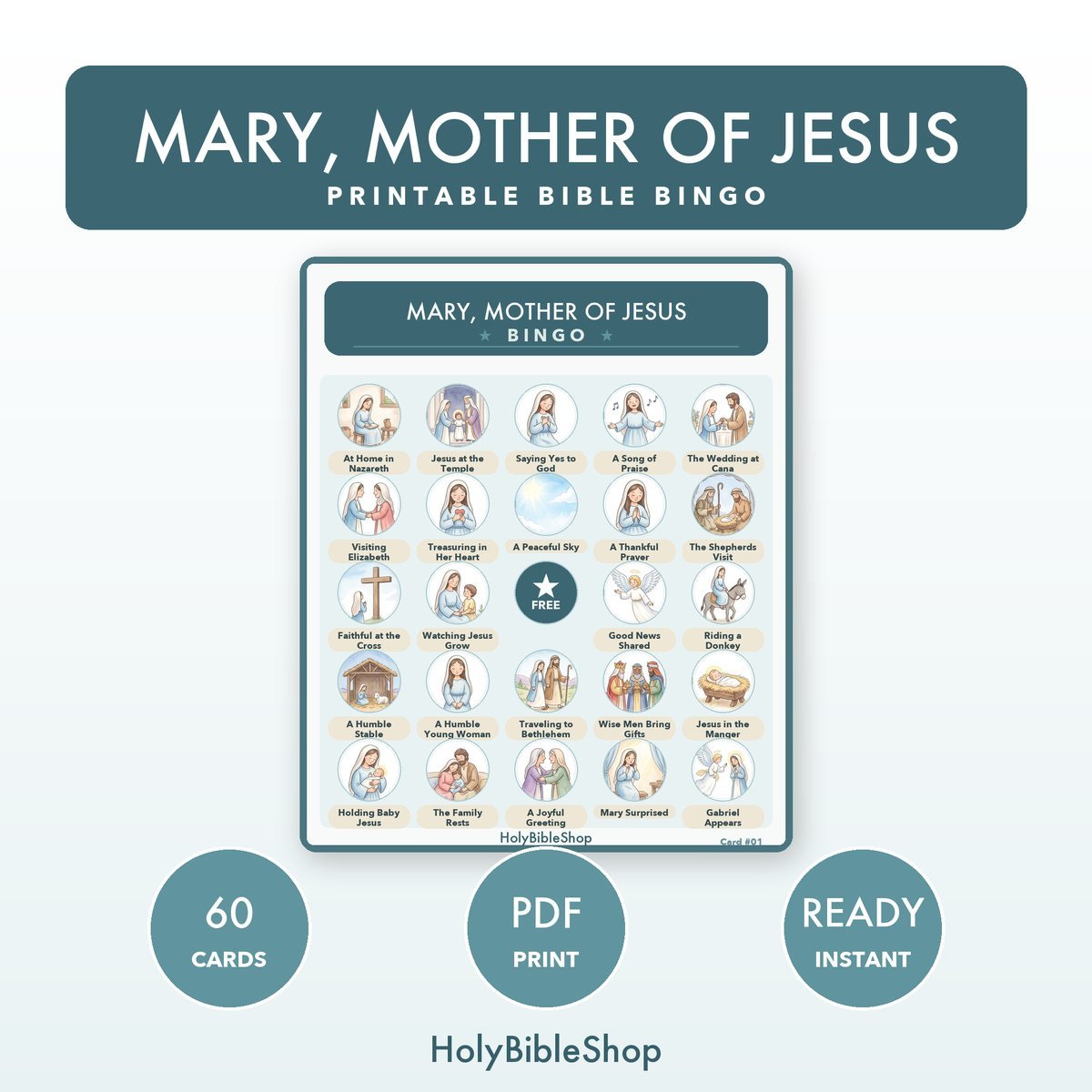 Mary, Mother Of Jesus Bingo | Printable Bible Bingo Game for Kids | 60 Cards Sunday School VBS Christian Watercolor PDF