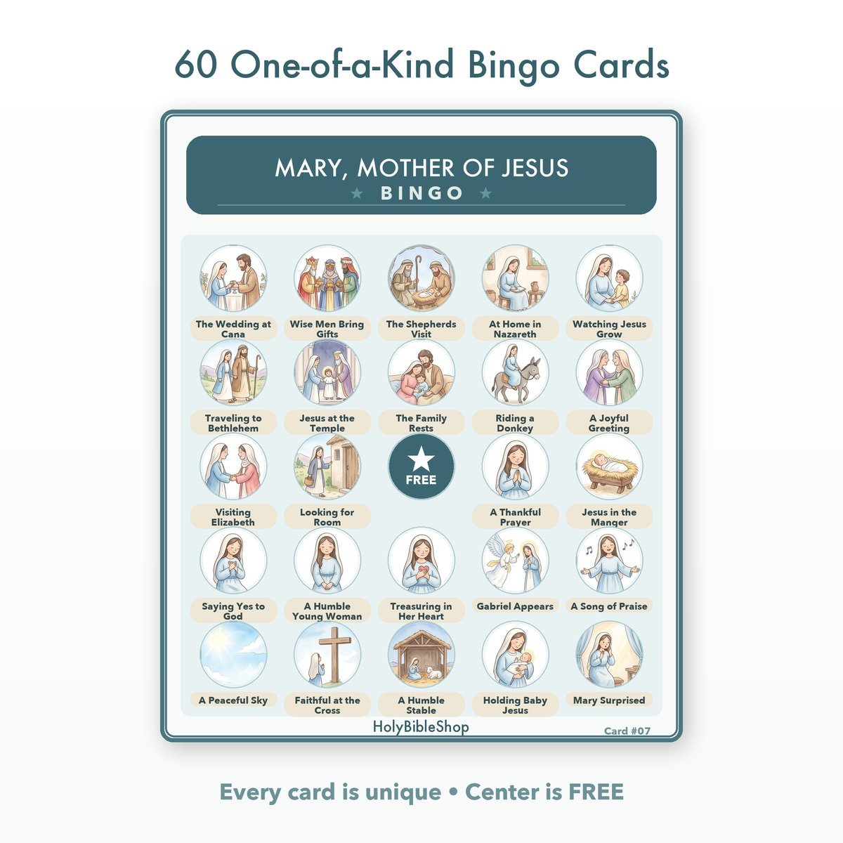 Mary, Mother Of Jesus Bingo | Printable Bible Bingo Game for Kids | 60 Cards Sunday School VBS Christian Watercolor PDF — image 2