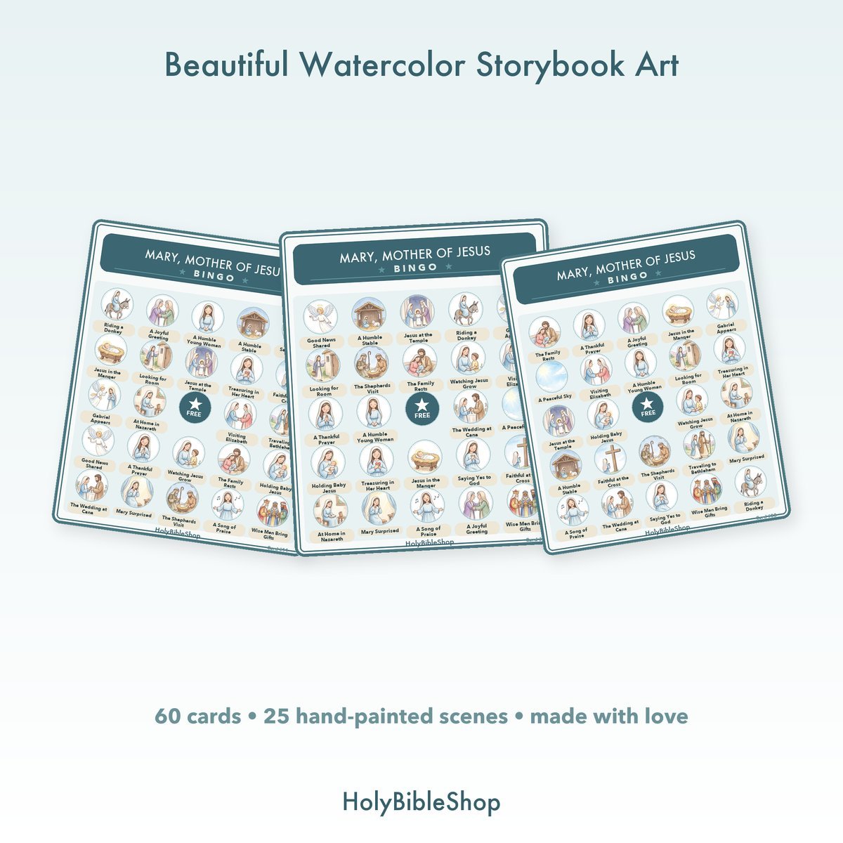 Mary, Mother Of Jesus Bingo | Printable Bible Bingo Game for Kids | 60 Cards Sunday School VBS Christian Watercolor PDF — image 7