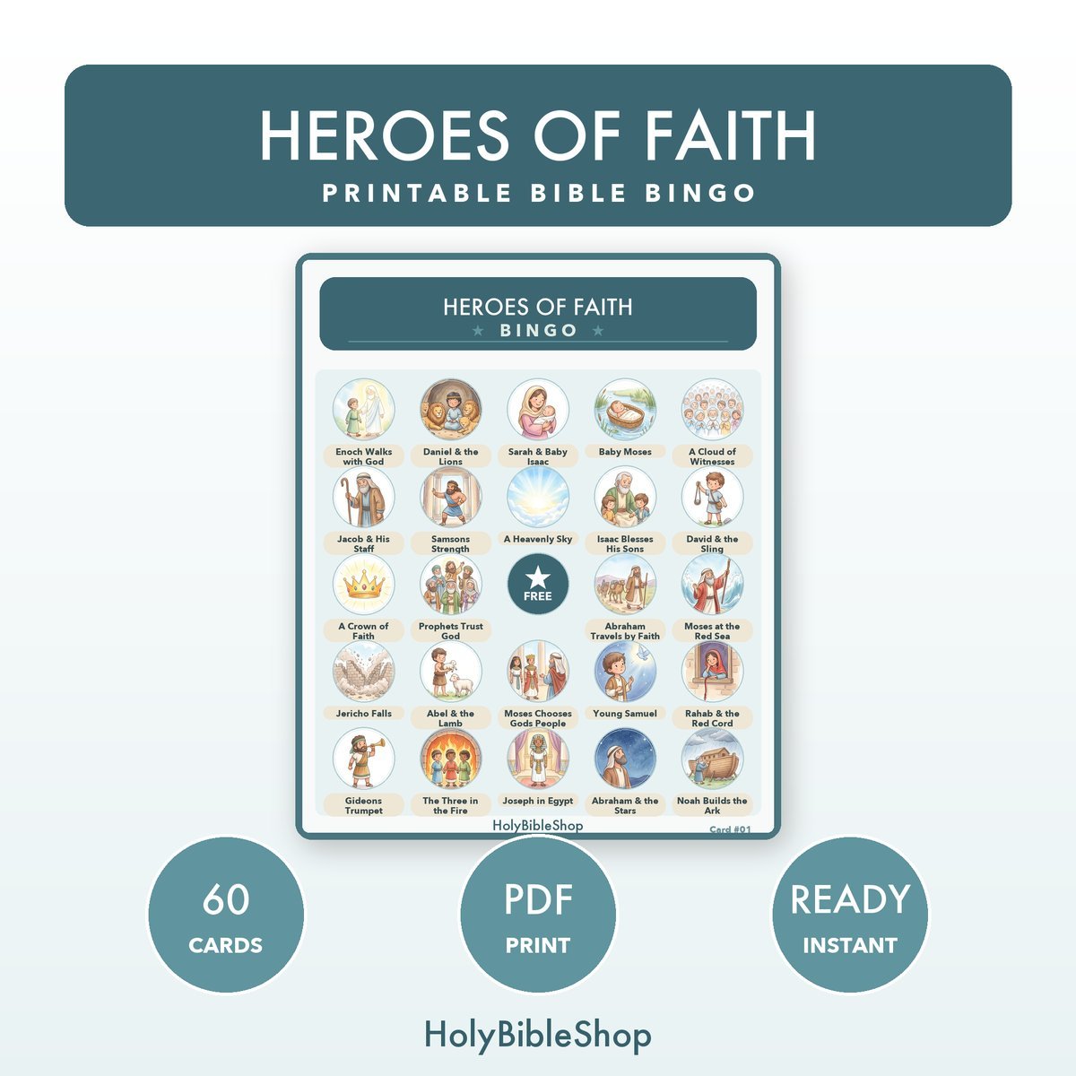 Heroes Of Faith Bingo | Printable Bible Bingo Game for Kids | 60 Cards Sunday School VBS Christian Watercolor PDF
