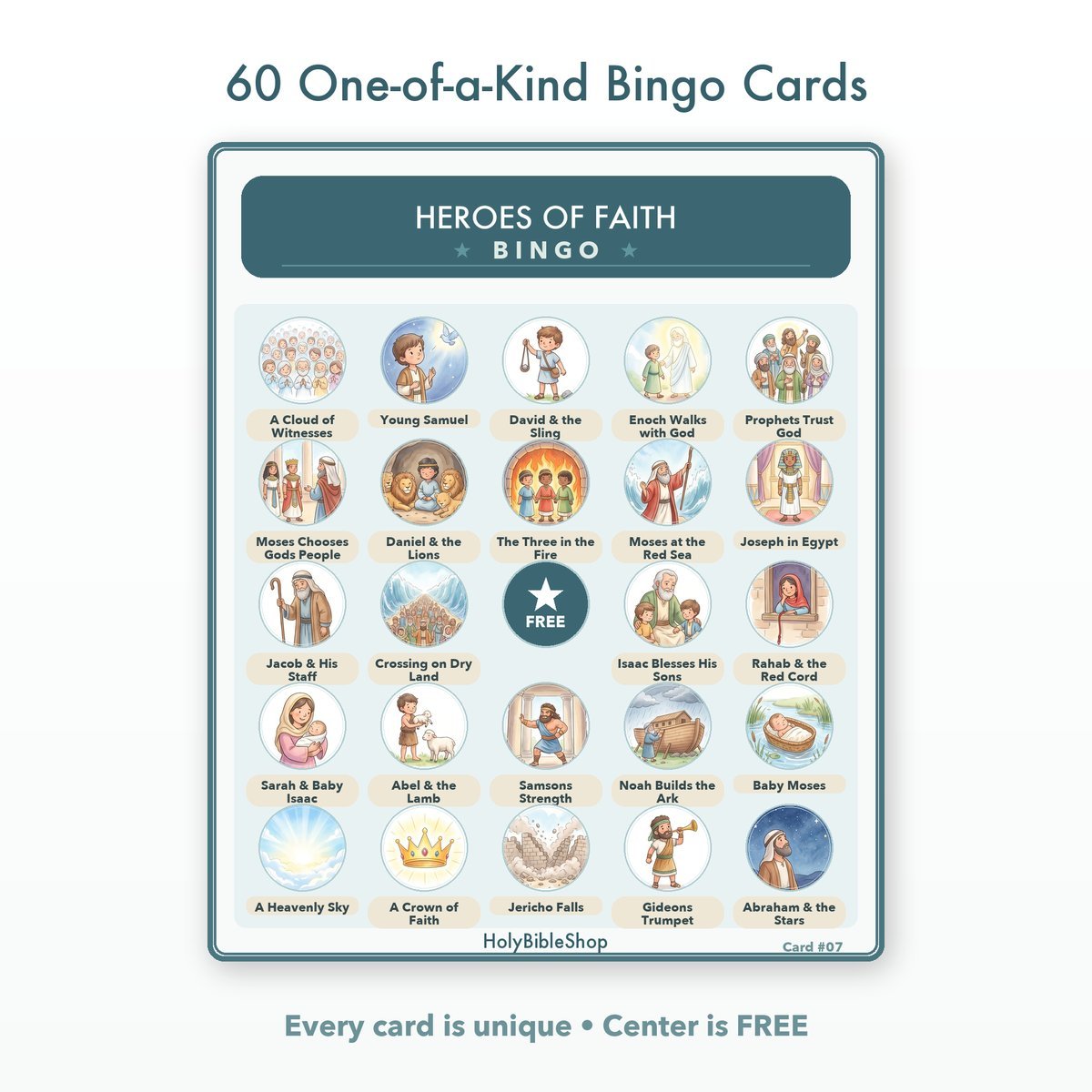 Heroes Of Faith Bingo | Printable Bible Bingo Game for Kids | 60 Cards Sunday School VBS Christian Watercolor PDF — image 2