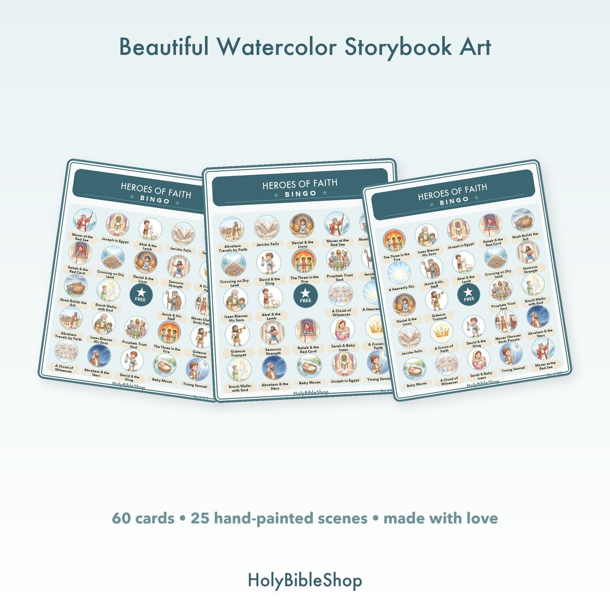 Heroes Of Faith Bingo | Printable Bible Bingo Game for Kids | 60 Cards Sunday School VBS Christian Watercolor PDF — image 7