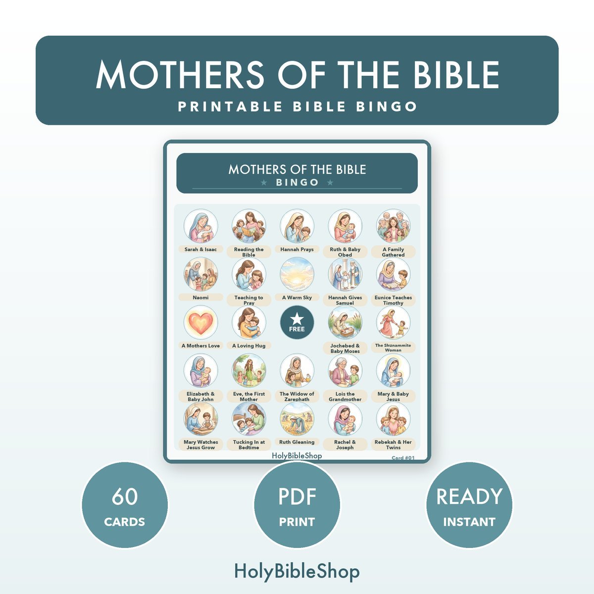 Mothers Of The Bible Bingo | Printable Bible Bingo Game for Kids | 60 Cards Sunday School VBS Christian Watercolor PDF