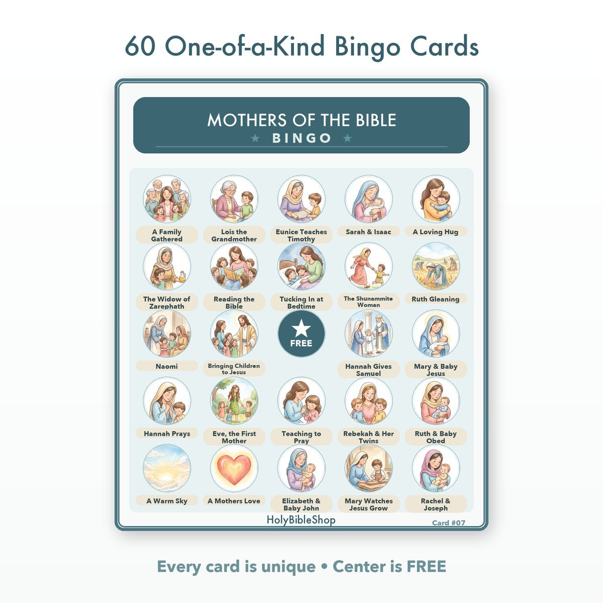 Mothers Of The Bible Bingo | Printable Bible Bingo Game for Kids | 60 Cards Sunday School VBS Christian Watercolor PDF — image 2