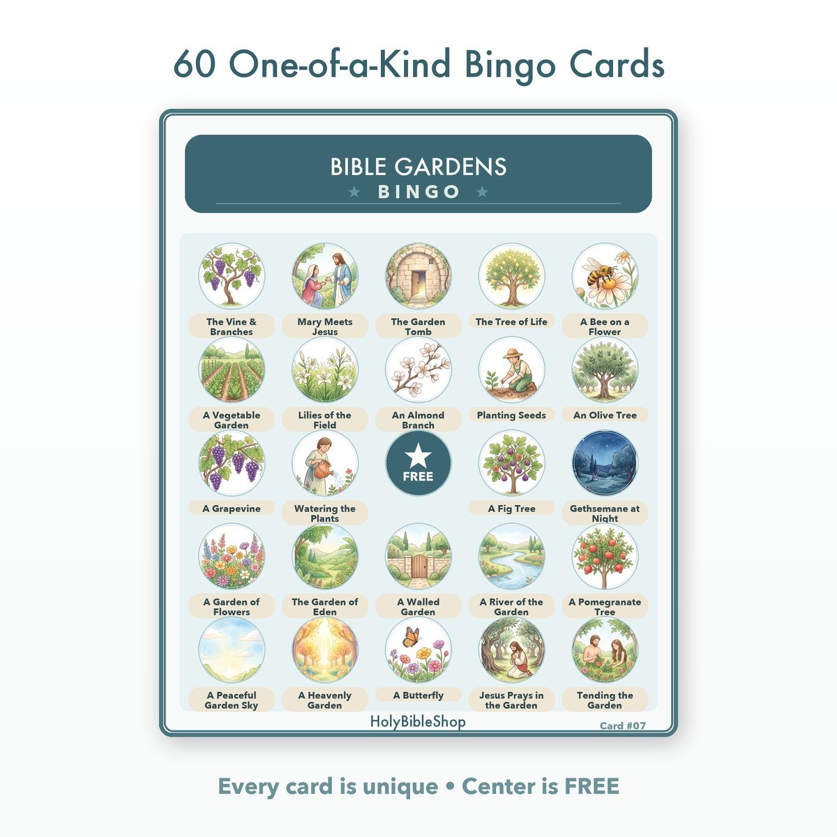 Bible Gardens Bingo | Printable Bible Bingo Game for Kids | 60 Cards Sunday School VBS Christian Watercolor PDF — image 2