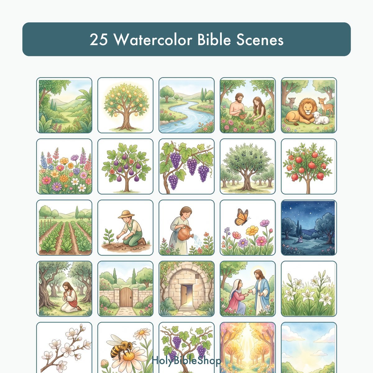 Bible Gardens Bingo | Printable Bible Bingo Game for Kids | 60 Cards Sunday School VBS Christian Watercolor PDF — image 3