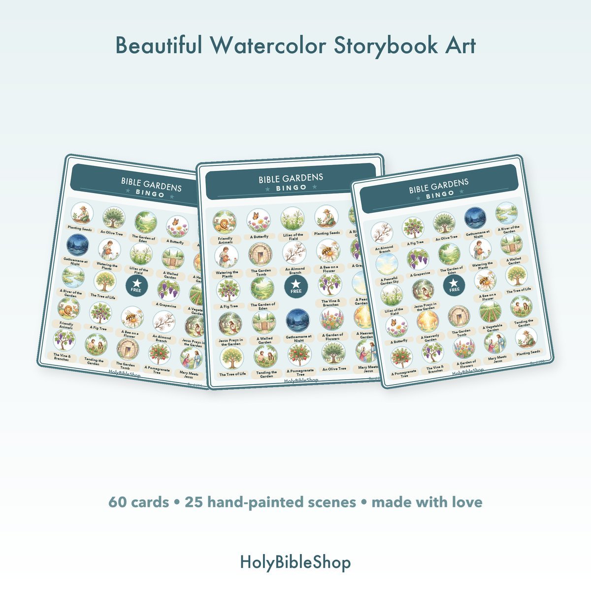 Bible Gardens Bingo | Printable Bible Bingo Game for Kids | 60 Cards Sunday School VBS Christian Watercolor PDF — image 7