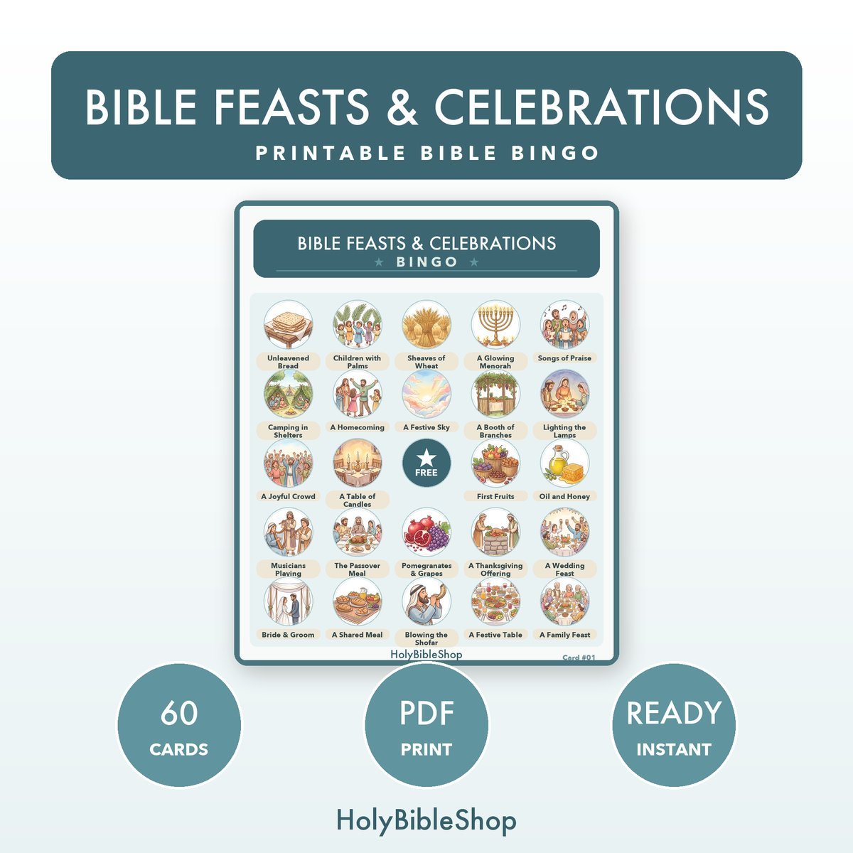 Bible Feasts & Celebrations Bingo | Printable Bible Bingo Game for Kids | 60 Cards Sunday School VBS Christian Watercolor PDF