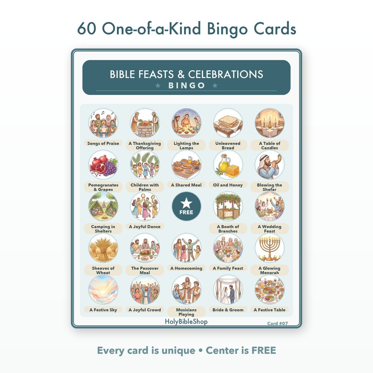 Bible Feasts & Celebrations Bingo | Printable Bible Bingo Game for Kids | 60 Cards Sunday School VBS Christian Watercolor PDF — image 2