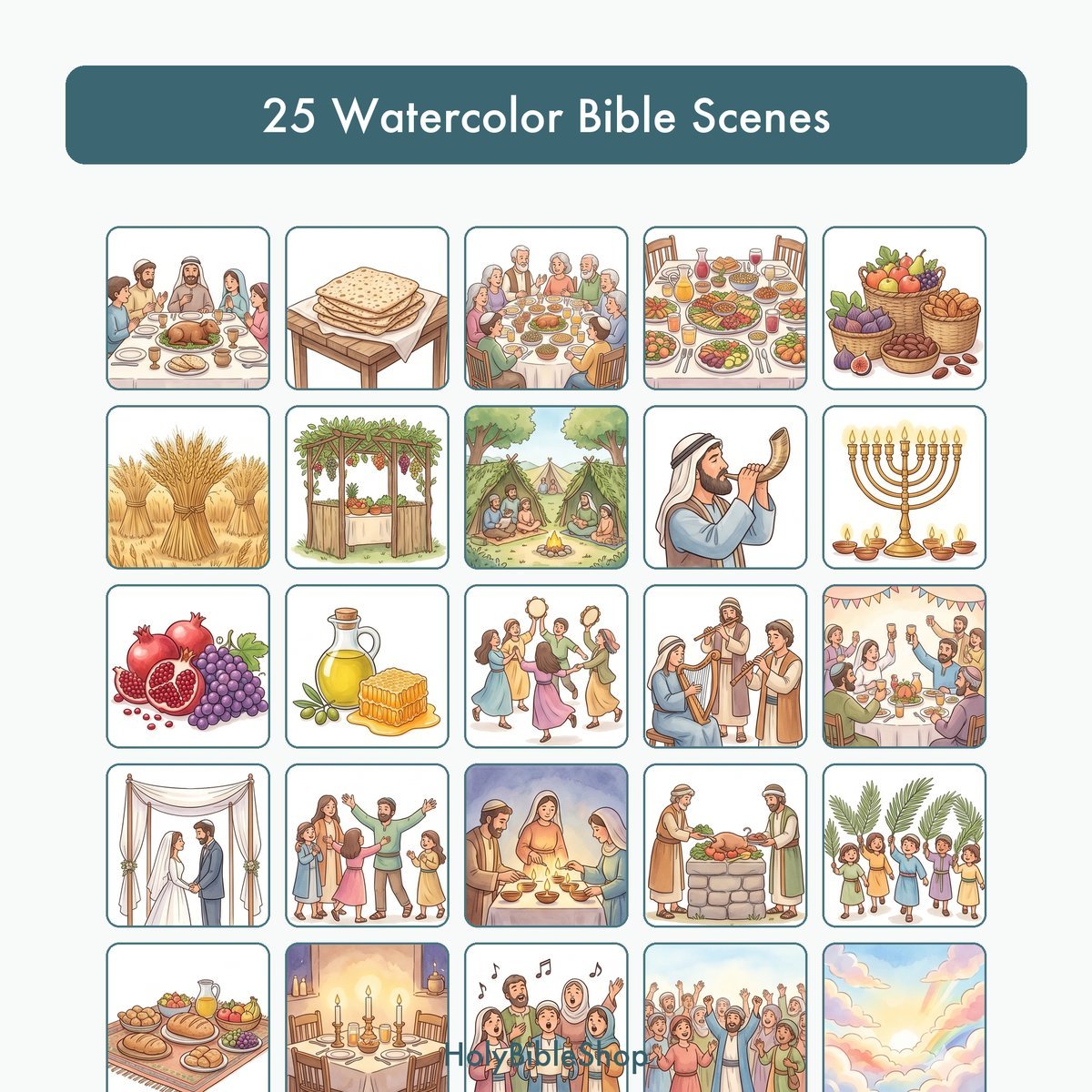 Bible Feasts & Celebrations Bingo | Printable Bible Bingo Game for Kids | 60 Cards Sunday School VBS Christian Watercolor PDF — image 3