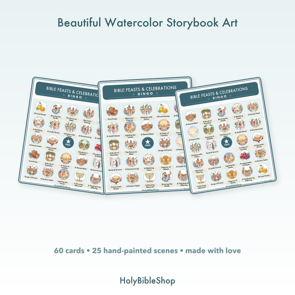 Bible Feasts & Celebrations Bingo | Printable Bible Bingo Game for Kids | 60 Cards Sunday School VBS Christian Watercolor PDF — image 7