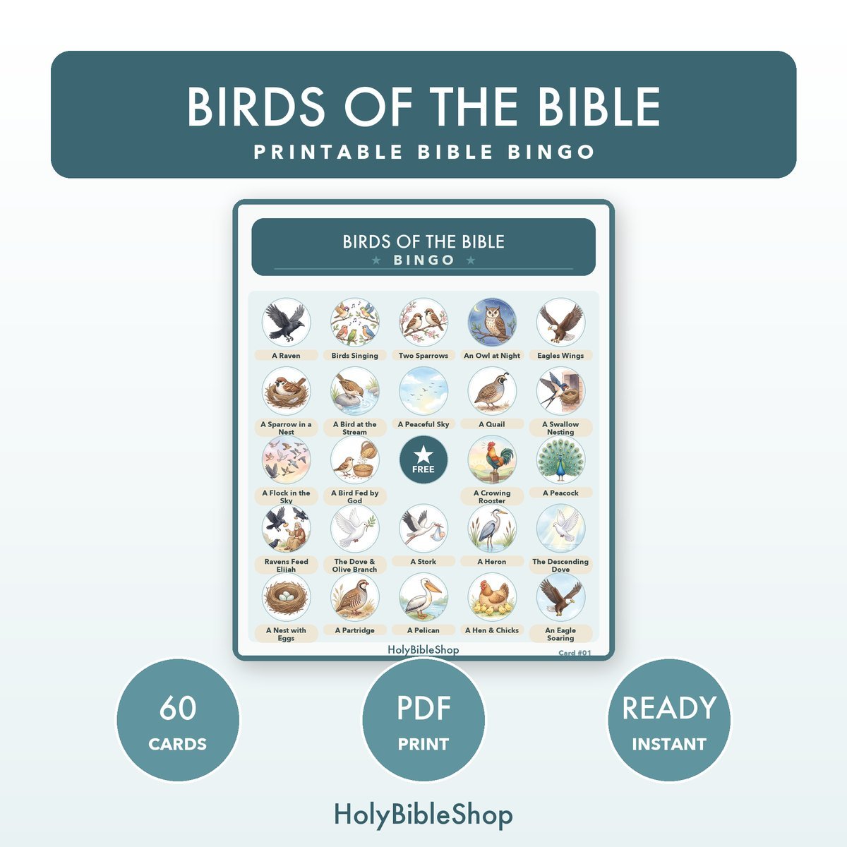 Birds Of The Bible Bingo | Printable Bible Bingo Game for Kids | 60 Cards Sunday School VBS Christian Watercolor PDF