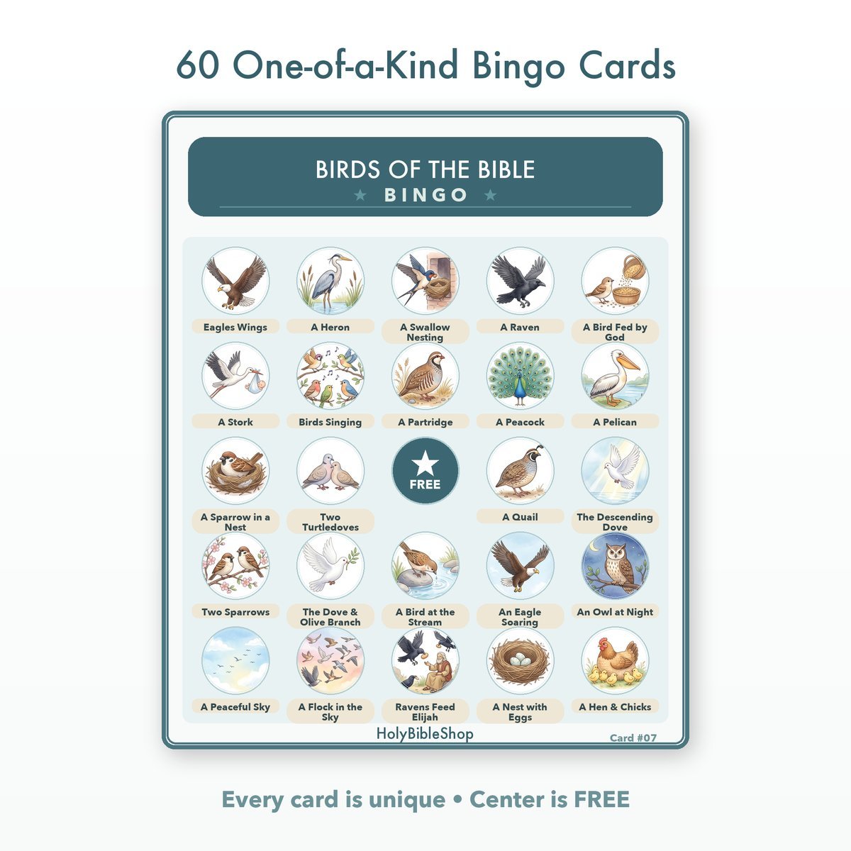 Birds Of The Bible Bingo | Printable Bible Bingo Game for Kids | 60 Cards Sunday School VBS Christian Watercolor PDF — image 2