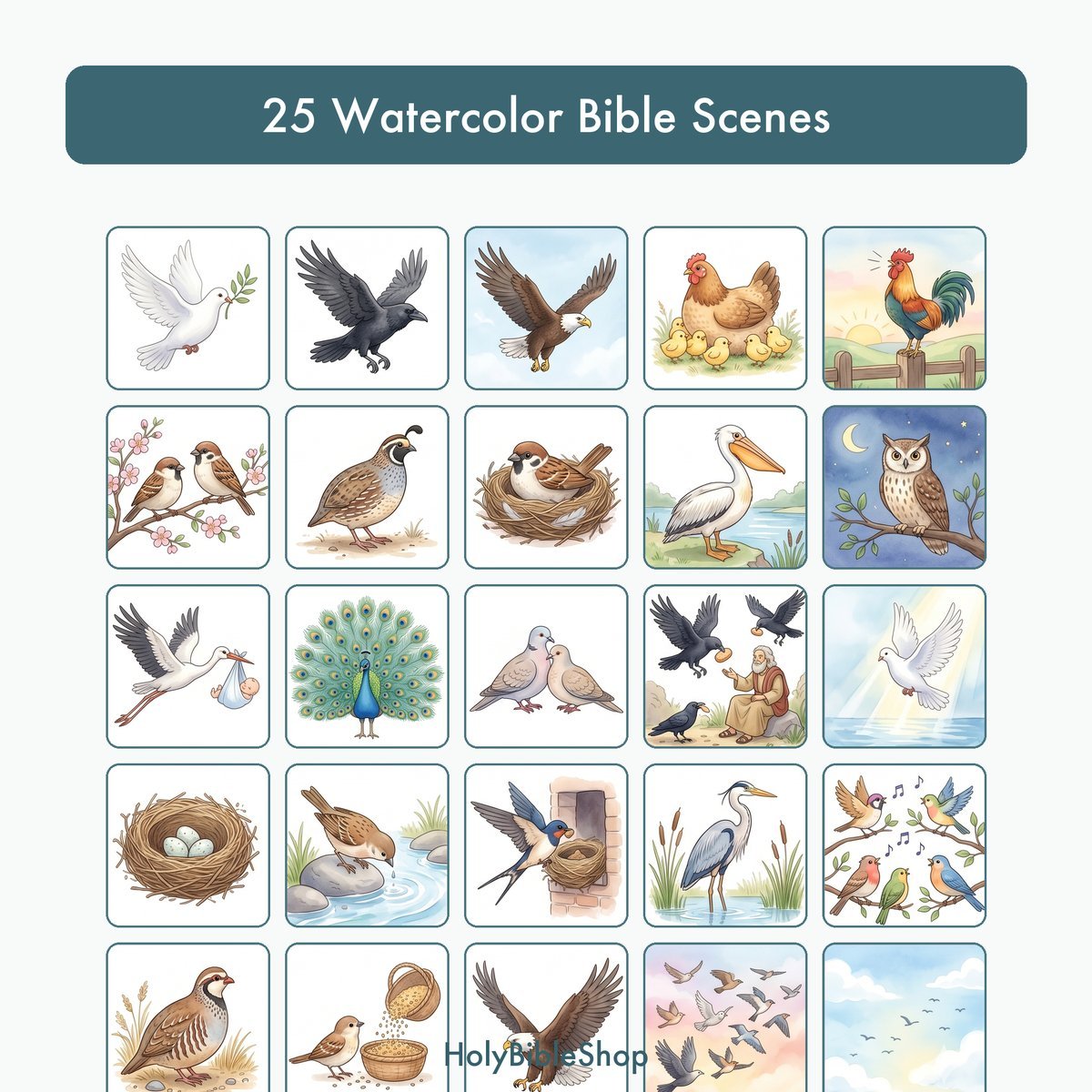 Birds Of The Bible Bingo | Printable Bible Bingo Game for Kids | 60 Cards Sunday School VBS Christian Watercolor PDF — image 3