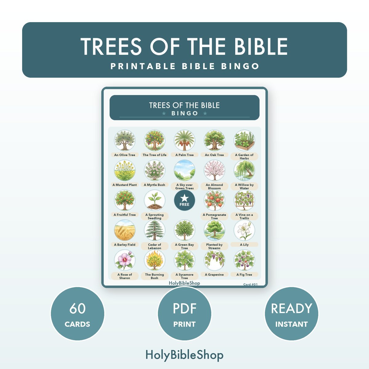 Trees Of The Bible Bingo | Printable Bible Bingo Game for Kids | 60 Cards Sunday School VBS Christian Watercolor PDF