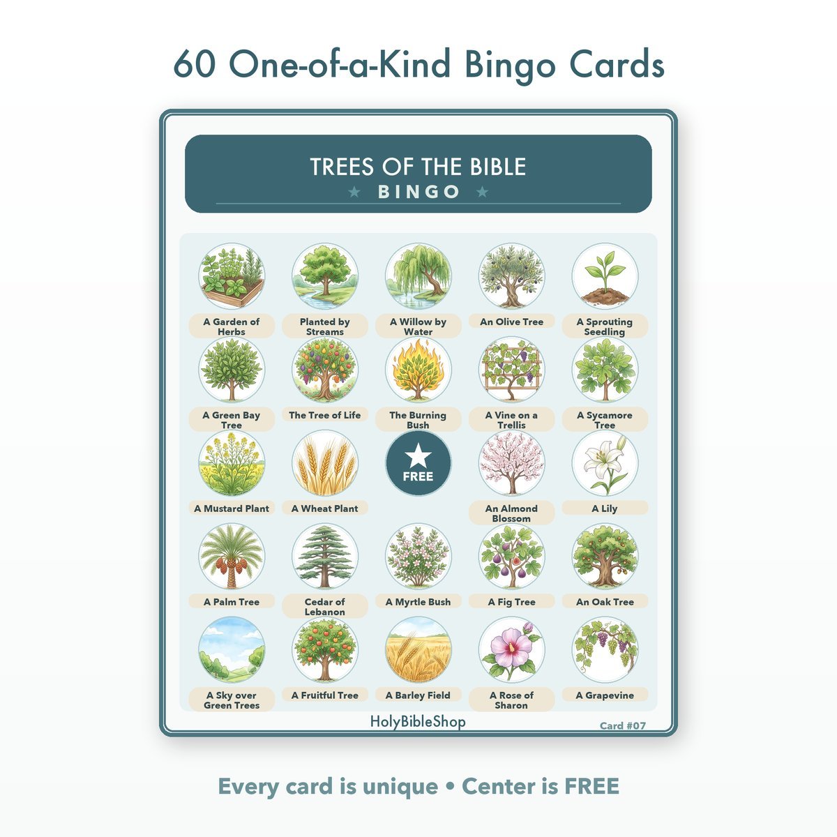 Trees Of The Bible Bingo | Printable Bible Bingo Game for Kids | 60 Cards Sunday School VBS Christian Watercolor PDF — image 2