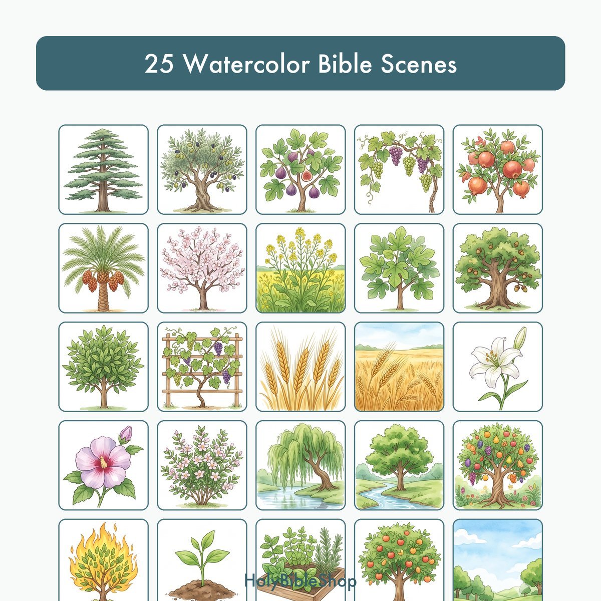 Trees Of The Bible Bingo | Printable Bible Bingo Game for Kids | 60 Cards Sunday School VBS Christian Watercolor PDF — image 3