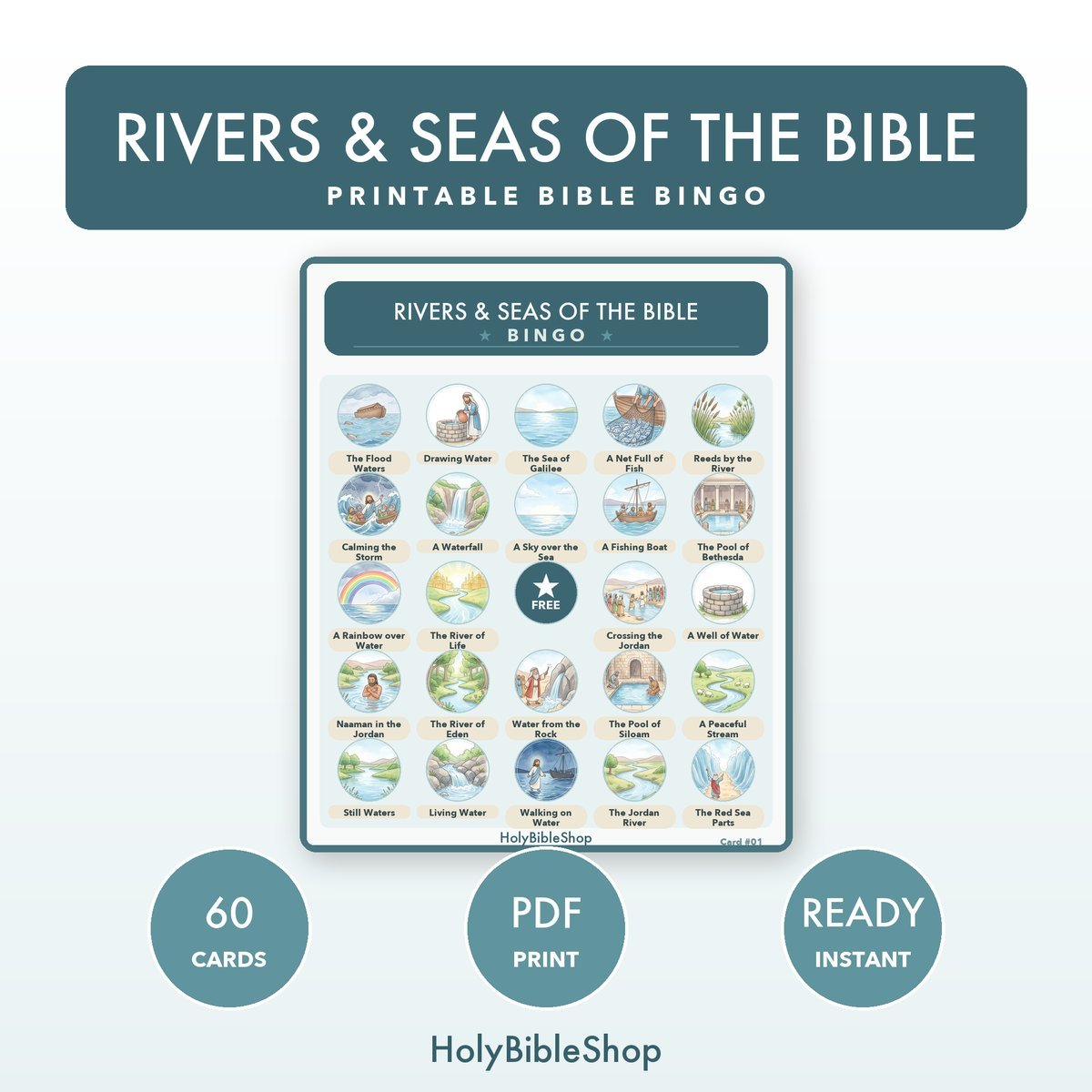 Rivers & Seas Of The Bible Bingo | Printable Bible Bingo Game for Kids | 60 Cards Sunday School VBS Christian Watercolor PDF